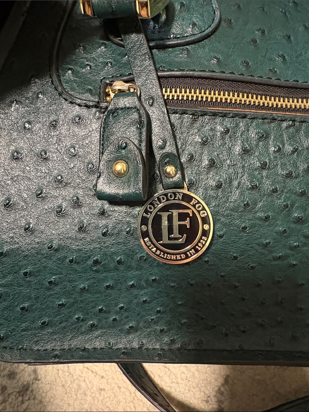London Fog Dark Green Ostrich-Embossed Simulated Leather Satchel Handbag - Picture 3 of 12